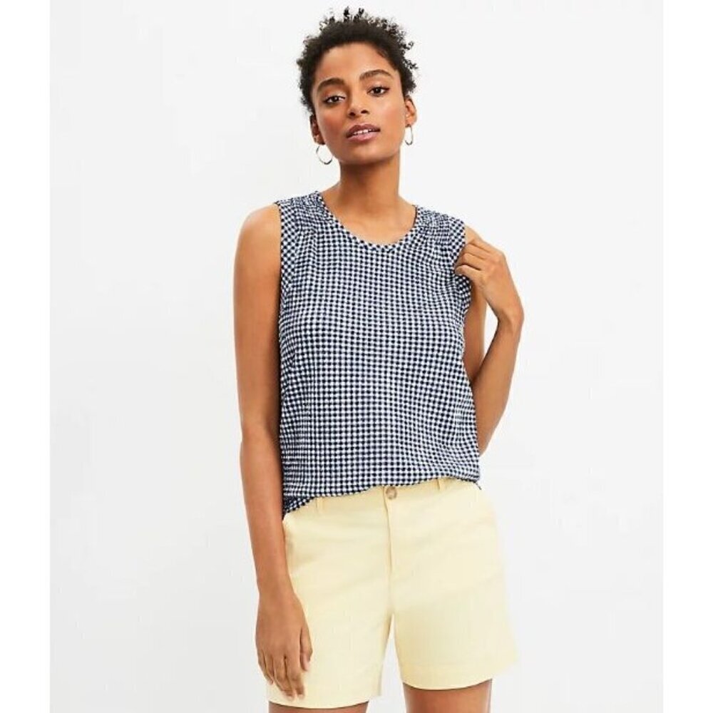 Ann Taylor LOFT Blue & White Gingham Smocked Shoulder Tank Top S